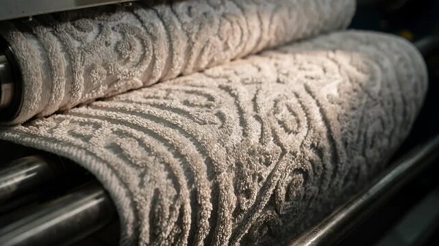 Dynamic medium shot of automated embossing process imprinting layered decorative absorbent patterns on towel fabrics with focus on texture and depth variation.