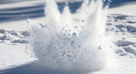 Dynamic snow explosion in a winter landscape, burst of white powdery snow and ice particles on a sunny day