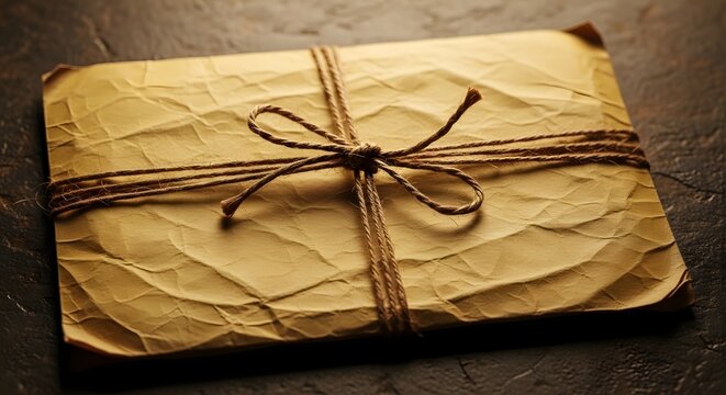 Old crumpled paper package tied with twine bow on a dark, textured background