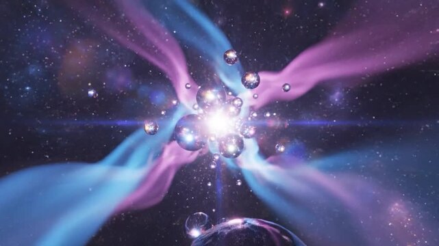 Multiple glowing spheres representing universes expand in a vibrant cosmic