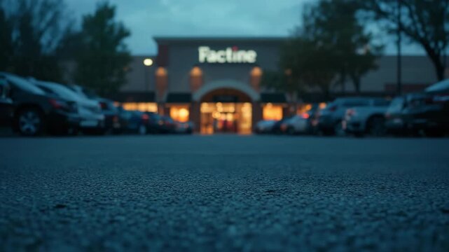 Retail store facade at dusk with parked cars in front parking lot