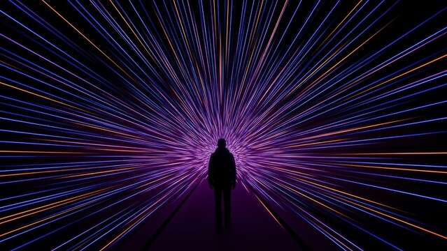 Into the digital Abyss: A solitary figure stands at the edge of a mesmerizing vortex of vibrant light, lost in a world of technology and infinite possibilities.