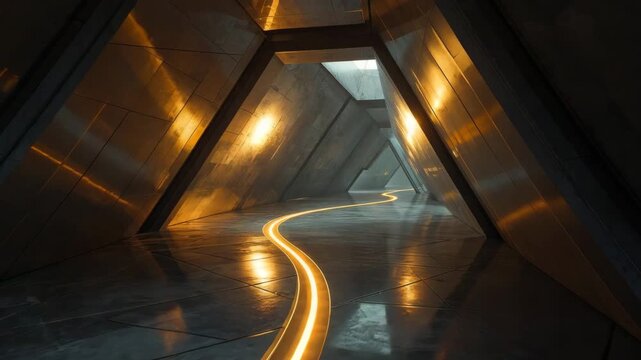 Futuristic hexagonal tunnel interior with glowing yellow light path