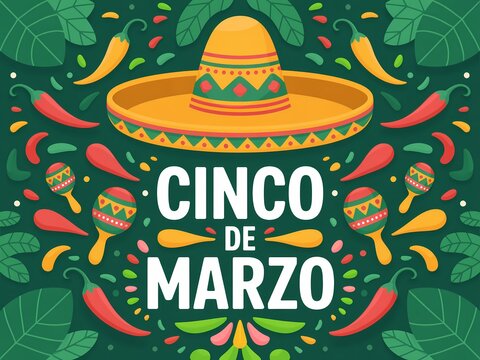 Vibrant cinco de marzo celebration graphic with sombrero and chili peppers on green background