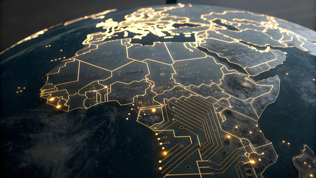 A glowing map of Africa with circuit board lines on transparent background