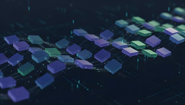 Futuristic 3D illustration of interconnected digital blocks linked by glowing data lines over a dark technology background.