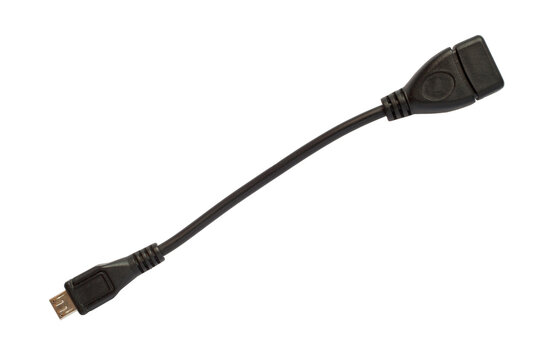 OTG cable for connecting USB devices on a white background. Cable isolated close-up