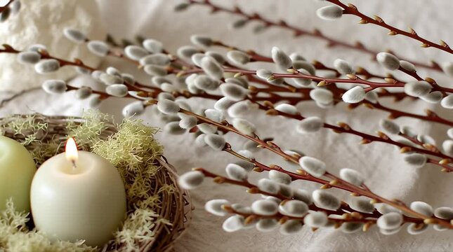 Two lit candles in a nest surrounded by pussy willow branches