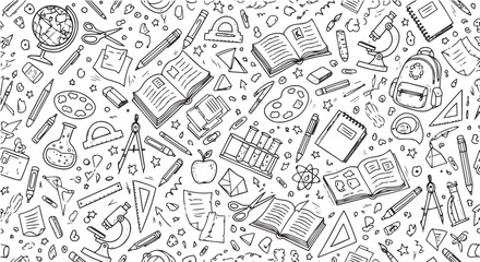Back to school doodle seamless pattern. Hand drawn background with school supplies and creative elements. Vector illustration © Nusratjahan