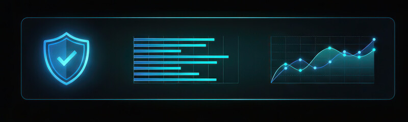 Futuristic dashboard UI panel with security shield, bar chart and line graph for web and app interface design.