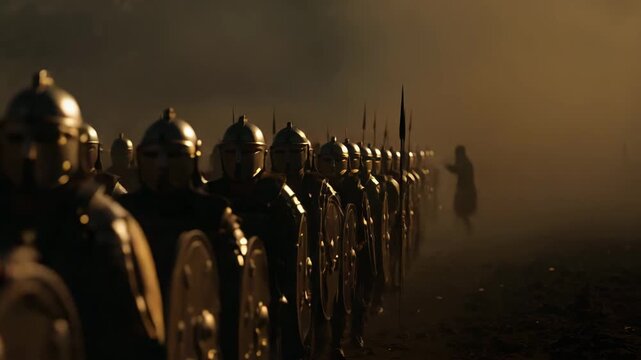 Row of armored soldiers standing in fog with lone figure in distance