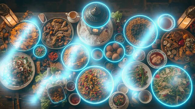 Assorted dishes on table with glowing blue digital network circles overlay