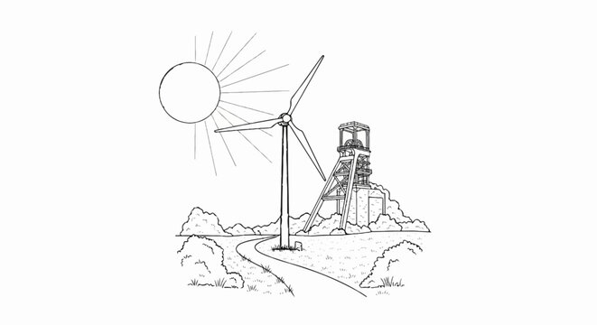 Drawing of a sun, wind turbine, and mine headframe in a landscape
