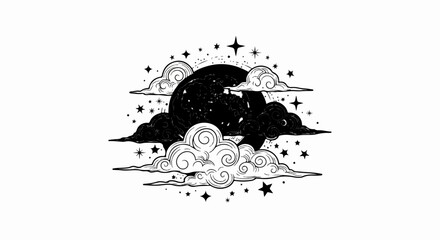 Ethereal celestial scene with a dark moon and swirling clouds © Resa