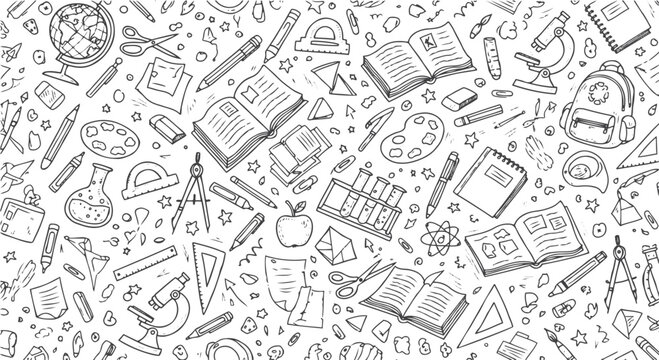 Back to school doodle seamless pattern. Hand drawn background with school supplies and creative elements. Vector illustration