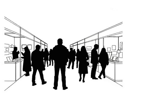 Silhouetted figures wander through booths at a crowded trade show exhibition