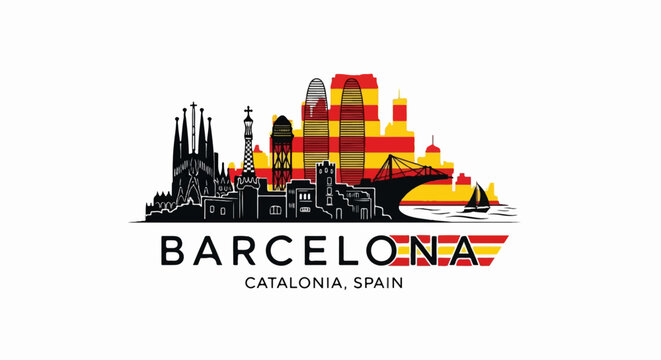 Stylized black silhouette of Barcelona skyline with Catalan flag colors