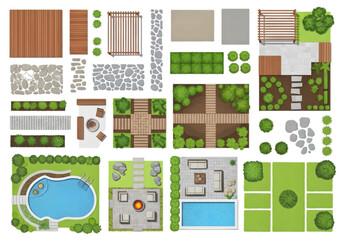 Top View Landscape Design Elements Collection – Garden Layout Plan with Trees, Paths, Patio and Pool Set © Ai_Images