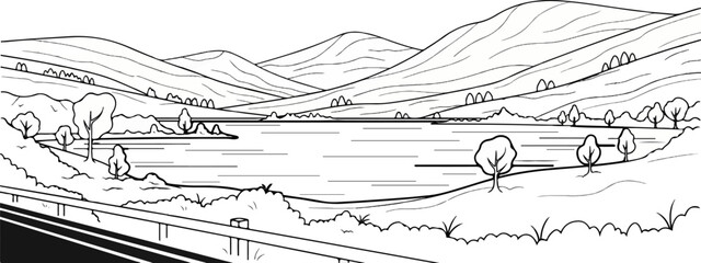 Obraz premium A scenic road curves past a tranquil lake and rolling hills under a clear sky