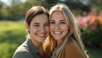 Naklejka premium Smiling women friendship portrait outdoor sunlit garden