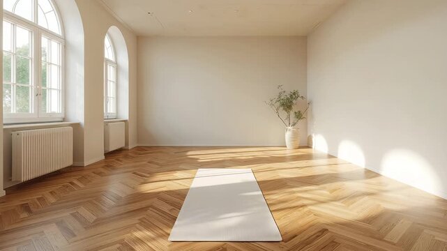 Empty sunlit room with arched windows and herringbone wooden floor