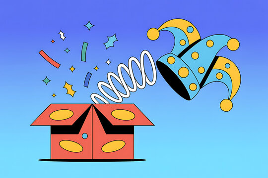 A jester's hat pops out of a red gift box with exploding confetti and stars, on a gradient blue background, illustrating a surprise prank for April Fool's.