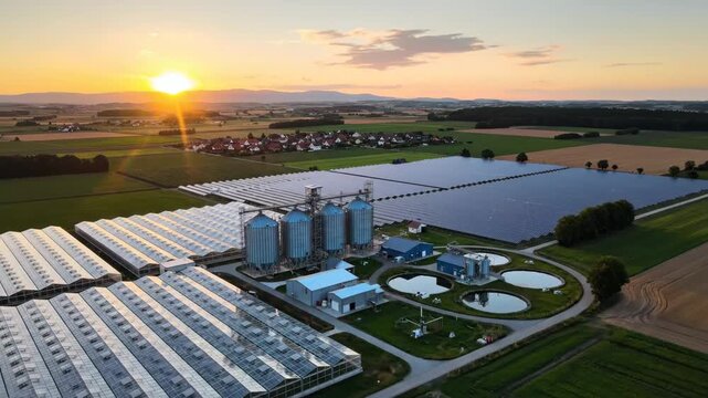 Sustainable Energy Farm Aerial View of Solar Panels Greenhouses and Bio digester at Sunset
