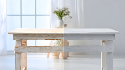 Fototapeta premium 木製テーブルのビフォーアフター比較イメージ（DIYリフォーム）
