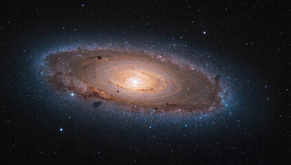 Fototapeta premium Spiral galaxy with glowing core and starfield, dust lane, blue outer arms, serene cosmic vista