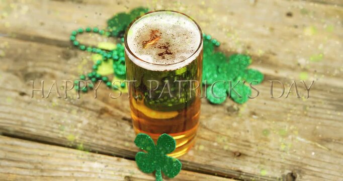 Camera pulling, glass sitting center, faint greeting appearing, glitter drifting to mark St Patrick