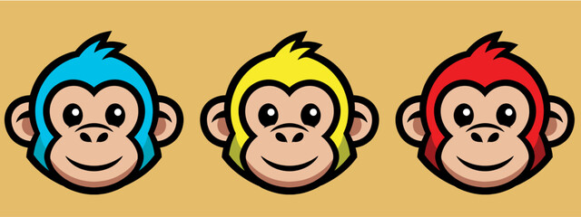 Three colorful monkey faces with blue, yellow and red hair on orange background © Designer Raian