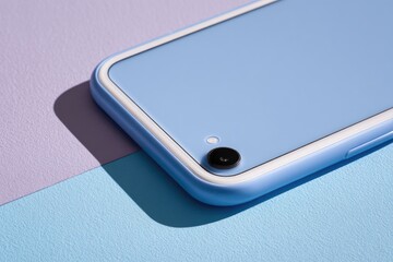 Close-up of a blue smartphone with a camera lens, set against a two-tone pastel surface