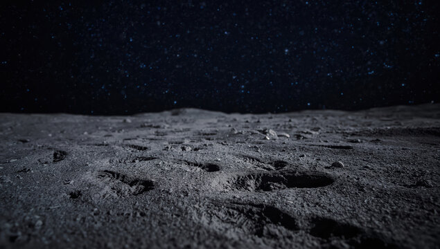 Lunar surface moon landscape starry sky footprints cratered terrain regolith night scene low