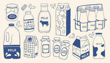 Hand drawn dairy vector set with milk bottles, cartons, yogurt jars and dairy packaging. Cute minimal doodle illustrations perfect for food branding, organic product, packaging, label, grocery design