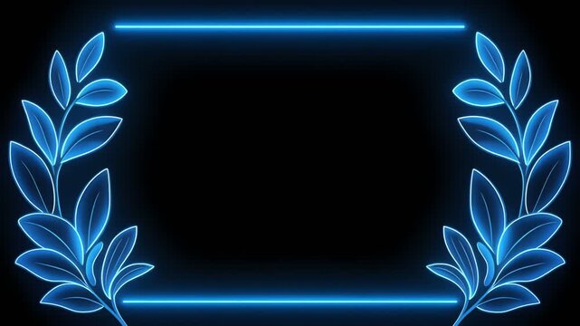 Glowing blue neon frame with laurel wreath on black background.