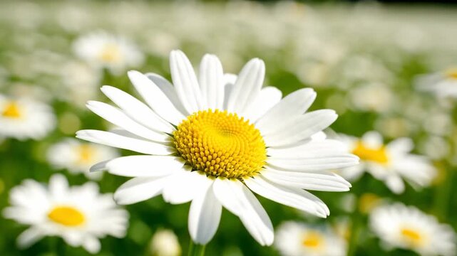 Close-up of a beautiful white daisy flower in a field of wildflowers on a sunny day.