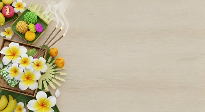 Top View of Balinese Ritual Elements with Flowers and Incense on Wooden Background Copy Space.