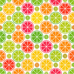 Dynamic overhead view of a vibrant citrus pattern showcasing sliced oranges, lemons, and limes arranged in playful repeating rows on a clean white backdrop for packaging design inspiration