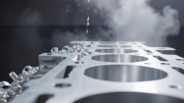 Close-up of a CNC milling machine precisely cutting a l engine block
