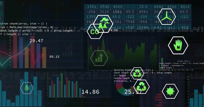 Green hex icons shifting on data refresh, updating numeric labels to show metrics on dark dashboard