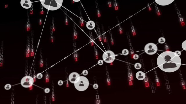 Single node appearing, nodes forming, lines linking, zooming, showing network over binary streams