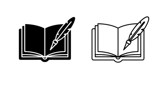 Open book with quill pen icon, representing literature, writing, and education in black and white