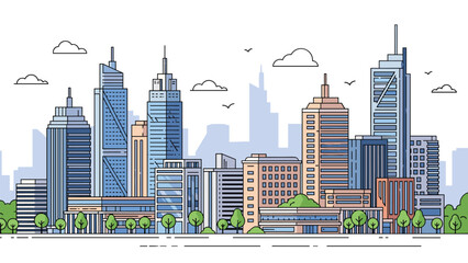 Fototapeta premium Detailed city skyline illustration featuring numerous tall skyscrapers and modern office buildings under a sky with floating clouds.