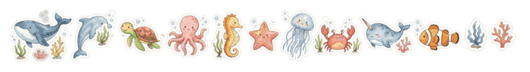 Underwater baby sea creatures sticker pack with narwhal, octopus, jellyfish. Collection of Vector illustrations. Perfect for invitation, card, poster, banner, decoration © maria