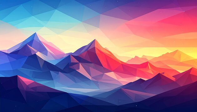 Vibrant low poly mountain landscape at sunset