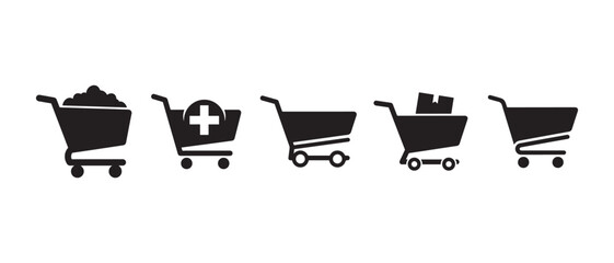 Series of shopping cart icons with different items isolated on transparent background © Maruf
