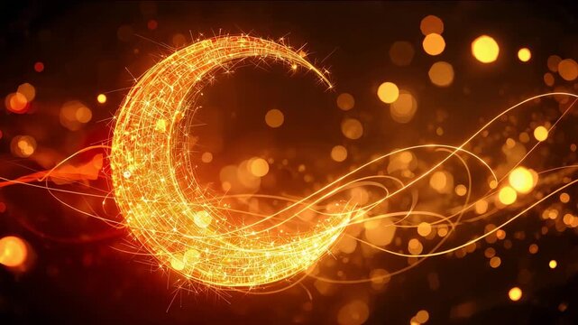 Glowing golden crescent shape with swirling light particles on dark background