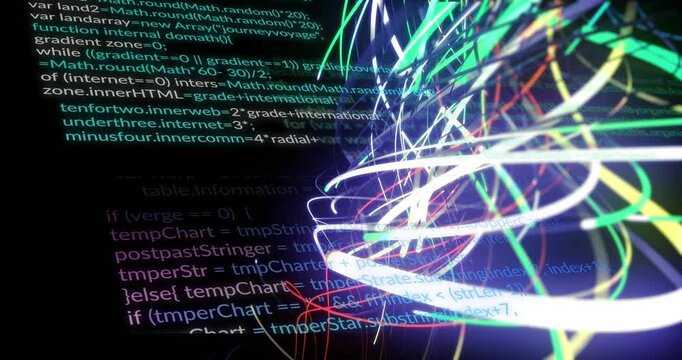 Neon ribbons rotating and tightening as code scroll starts, occluding lines and showing data flow