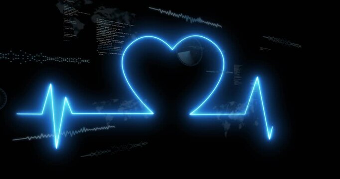 Left spike appearing, neon ECG line moving right, angling up into heart, showing global rhythm