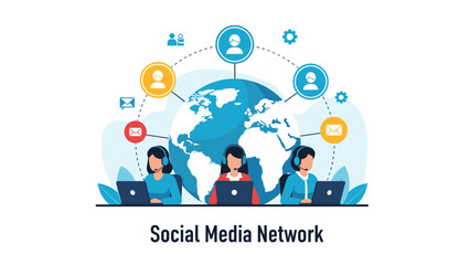 Fototapeta premium Social media network illustration with customer support representatives working at laptops against a global map and icons.